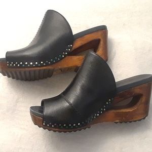 Limited Edition Dansko Sage Wedge Sandal Black Leather Brazil Wood EU 38/US 8